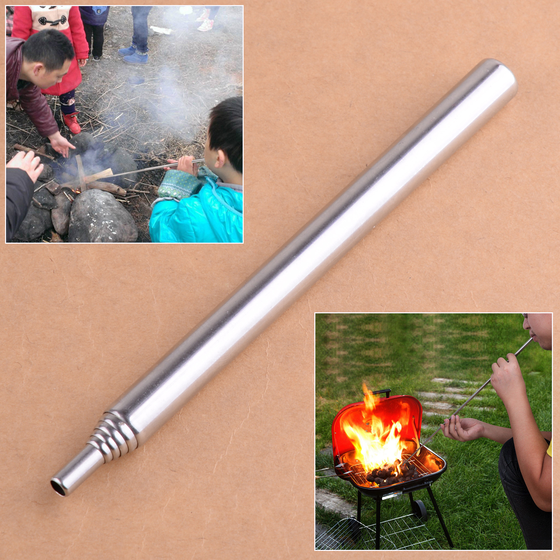 Stainless Collapsible-Pocket Bellows Make-Fire Tool By Blasting-Air Camping