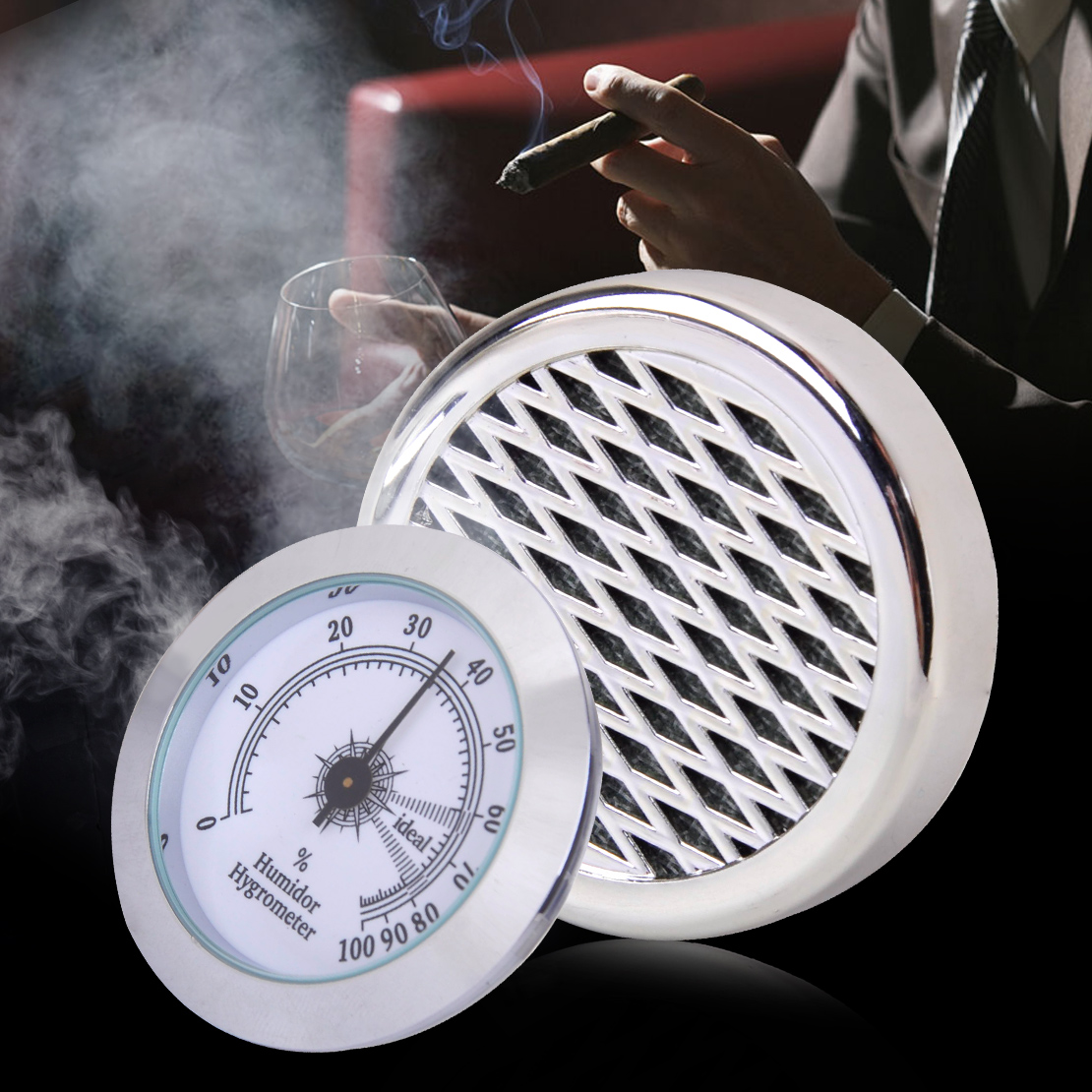 Silver Color Smoking Tobacco Hygrometer with Round Humidifier for Cigar Humidor 